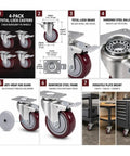 Rolls Like Butter 4 Pack 3 Inch Swivel Plate Casters With Total Lock Brakes And Burgundy Polyurethane Wheels, showing features and dimensions.