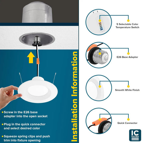 Installation steps for 12 Pack 5 6 Inch Recessed LED Can Lights With Five Color Temperatures 2700K 3000K 3500K 4000K 5000K Dimmable 14W 1100 Lumens.