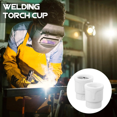Premium 2-Piece Ceramic TIG Welding Torch Cup Shields For High Temp Argon Arc showing welding process with nozzles.