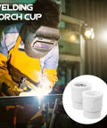 Premium 2pcs Tig Ceramic Cup Nozzles For Welding Torch shown with welder using torch in workshop, durable ceramic for stable gas flow.