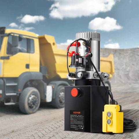 Front view of VEVOR 4-quart DC 12V hydraulic power unit with yellow remote for dump trailer.