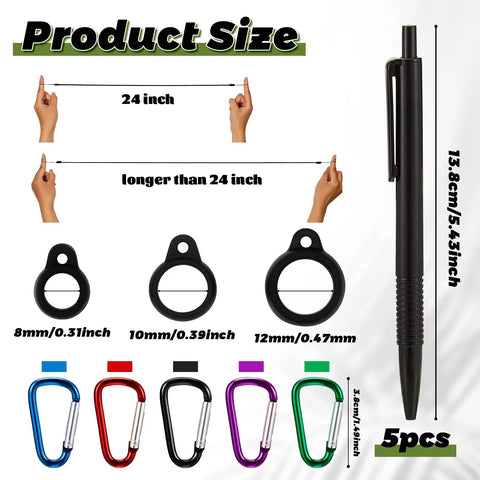 5 Sets 24 Inch Pen Leash Tether For Clipboard Lanyard Holder Anti Lost Pen Holder components, black pen, silicone rings, carabiners