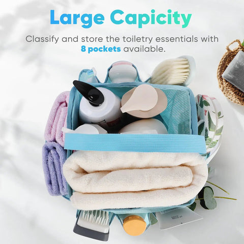 Mesh Shower Caddy Portable With Eight Pockets Large Capacity Quick Dry Easy Clean for Beach Pool Gym and Travel visible from top
