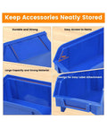 Close-up view of blue bin from All In One Wall Mount Storage Rack With 30 Bin Heavy Duty Organizer for small parts.