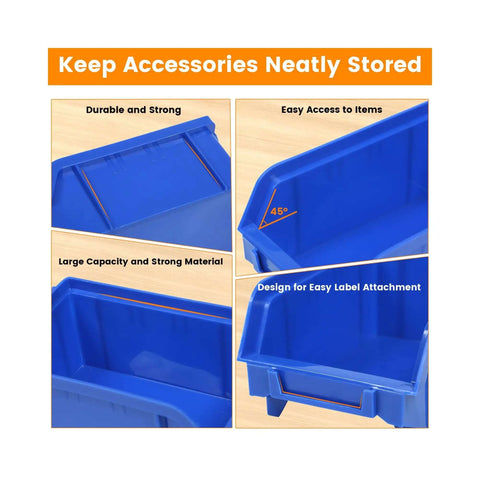Close-up view of blue bin from All In One Wall Mount Storage Rack With 30 Bin Heavy Duty Organizer for small parts.