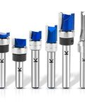Six Piece Pattern Flush Trim Router Bit Set With 1/4 Inch Shank Carbide Tipped Template Top Bearing arranged in a line.