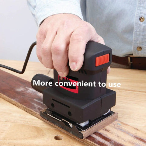 Hand using palm sander with Twin Ultra Fine 42 Piece Wet Dry Sandpaper Set Featuring 240 To 10000 Grit Assortment 4.5 To 5.5 Inch Sheets