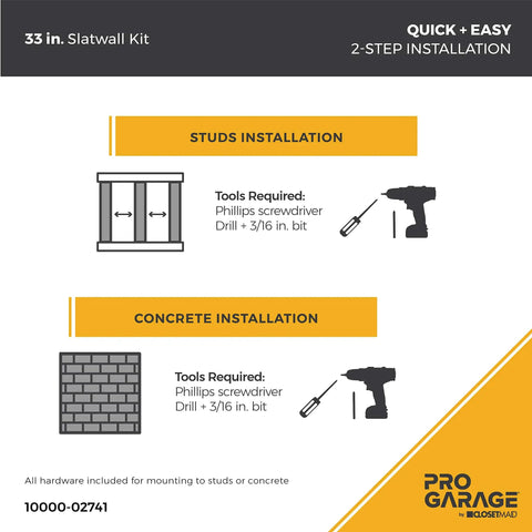 Garage Slatwall Hang Track Kit, 33 Inch Wide, installation guide showing tools needed for stud or concrete mounting