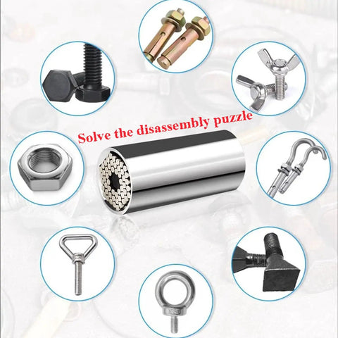 Premium Universal Socket Set 7-19mm Magic Wrench Kit For Auto Repair And Home Projects Heavy Duty Chrome Vanadium Steel Fits Messy Bolts Nuts And Screws With Hex Adapter Ratchet Option Easy Fix Tools showing assorted bolts and nuts