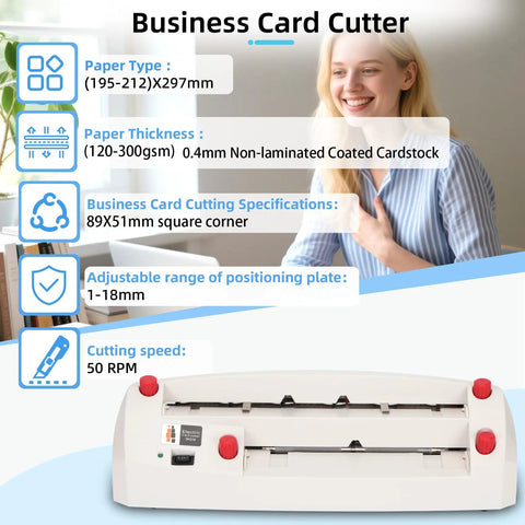 Automatic Nine-Blade Business Card Cutter with paper type and cutting specifications, 0.4mm non laminated coated cardstock, 110V.