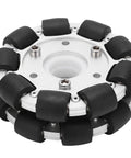 100mm Double Aluminum Omni Wheel for robots with 18 rubber rollers and heavy duty 30kg load capacity, shown from top view