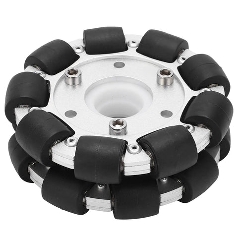 100mm Double Aluminum Omni Wheel for robots with 18 rubber rollers and heavy duty 30kg load capacity, shown from top view