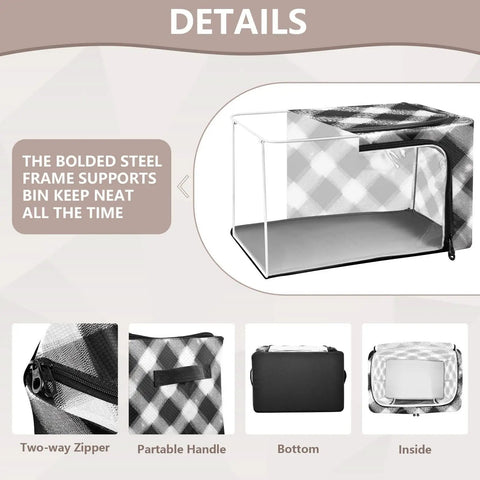 Totally Slick Foldable Storage Bin With Clear Vinyl Window And Reinforced Steel Frame dual zippered openings showing checkered pattern and interior.