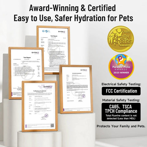 Award-winning certifications for cat water fountain with detachable tank and secure clips; includes FCC and material safety compliance.