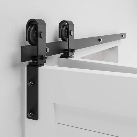 Bi Folding Barn Sliding Door Roller Kit With J Shape Rollers Hardware Only Pair Of Heavy Duty Rollers And Accessories For Barn Doors No Door No Guide Rail No Manual installed on wall