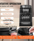 Coin Sorter And Counter Machine For Pennies Nickels Dimes Quarters With LCD Display Fast Sorting Up To 230 Coins Per Minute Thick Tubes And Tray Holds Up To 200 Coins No Fuss Wrapper Ready front view with hopper and buttons.