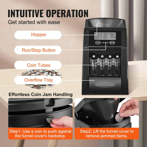 Coin Sorter And Counter Machine For Pennies Nickels Dimes Quarters With LCD Display Fast Sorting Up To 230 Coins Per Minute Thick Tubes And Tray Holds Up To 200 Coins No Fuss Wrapper Ready front view with hopper and buttons.