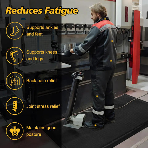 Worker standing on Heavy Duty Anti Fatigue Floor Mat 3 Feet By 6 Feet 15 To 16 Inch Thick Diamond Plate Memory Foam Ergonomic Standing Mat in workshop reducing fatigue
