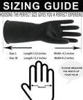 Sizing guide for Kickass Waterproof Chemical Resistant Latex Gloves Two Pair Heavy Duty Pull On Cleaning And Industrial Work Protector.