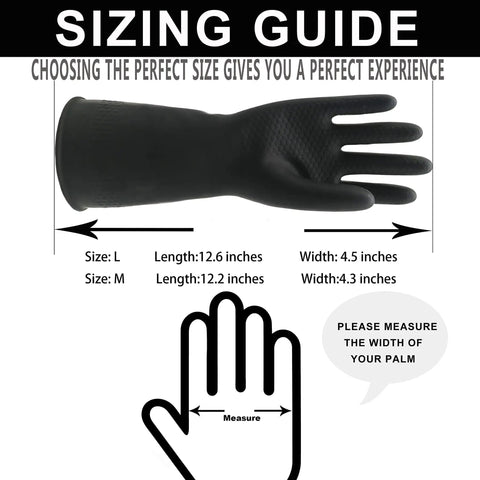 Sizing guide for Kickass Waterproof Chemical Resistant Latex Gloves Two Pair Heavy Duty Pull On Cleaning And Industrial Work Protector.
