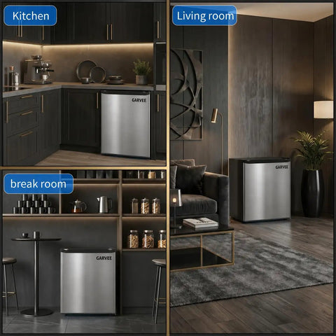 One Point One Cubic Foot Upright Freezer With Single Door And Adjustable Shelf In Matte Black visible in modern kitchen, living room, and break room.