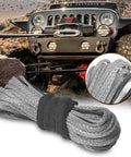 Heavy Duty Synthetic Winch Rope One Fifth Inch By Fifty Foot With Thimble High Tensile Nylon Recovery Strap For Off Road Trucks Atv Utv, gray braided rope coiled with a rugged jeep in the background.