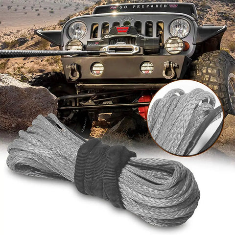 Heavy Duty Synthetic Winch Rope One Fifth Inch By Fifty Foot With Thimble High Tensile Nylon Recovery Strap For Off Road Trucks Atv Utv, gray braided rope coiled with a rugged jeep in the background.