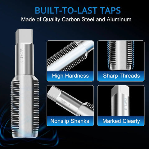 Close-up of Pro Grade Oil Pan Drain Plug Thread Repair Kit showcasing durable carbon steel taps with sharp threads and non-slip shanks.