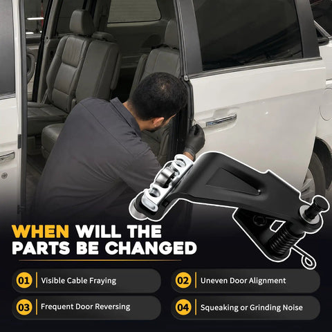 Mechanic inspecting Honda Odyssey sliding door with Honda Odyssey Sliding Door Roller Kit With Metal Bearing And Cable