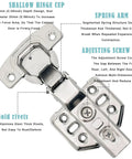 Beefed-Up 304 Stainless Steel Half Overlay Soft Close Cabinet Hinge with Shallow Hinge Cup, Spring Arm, and Adjusting Screw