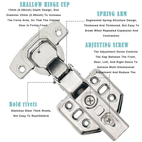 Beefed-Up 304 Stainless Steel Half Overlay Soft Close Cabinet Hinge with Shallow Hinge Cup, Spring Arm, and Adjusting Screw