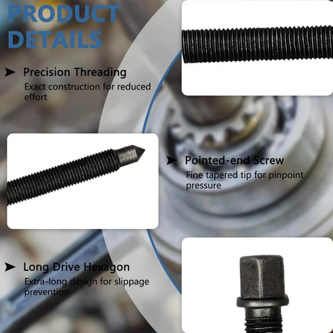 21 In 1 Bearing Puller Set With Curved Hook And 6 Collets For Easy Bearing Removal And Gear Disassembly, Pro Grade Heavy Duty Forged Steel Construction With Corrosion Resistant Black Oxide Finish, Ideal For Auto Repair And Industrial Machinery with details on precision threading and pointed-end screw.