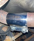 Close-up of Four Pack 2.5 Inch Stainless Steel Butt Joint Exhaust Clamp Band Sleeve installed on exhaust pipe.