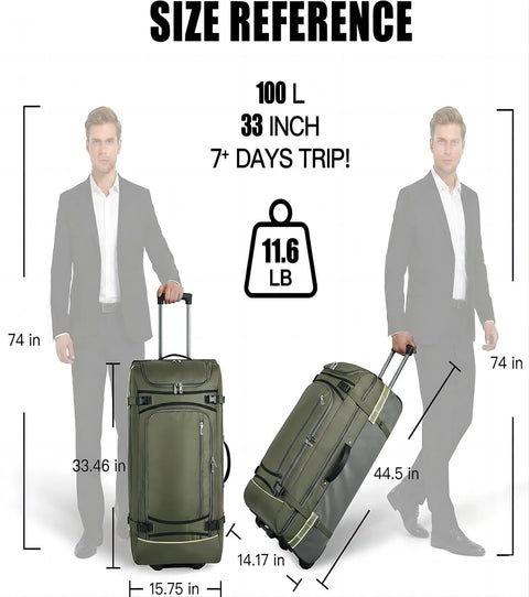 Front and side views of Amazon 100L rolling duffel bag in army green with wheels and telescoping handle.