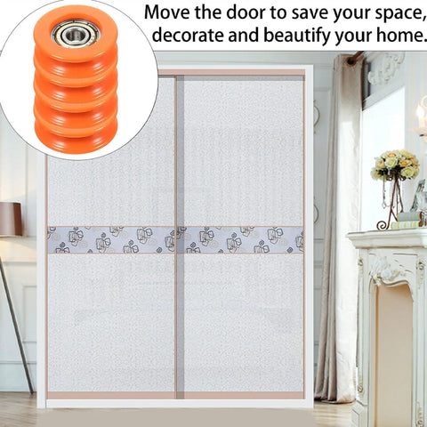 Four Piece Sliding Gate Roller Wheels With U Groove Small Pulley, Heavy Duty Steel Rollers For Smooth Sliding Doors Hardware Upgrade, Ideal For Barn Gates And Utility Sheds, Easy Install And Wobble Free Operation, orange U-groove pulley in sliding door use