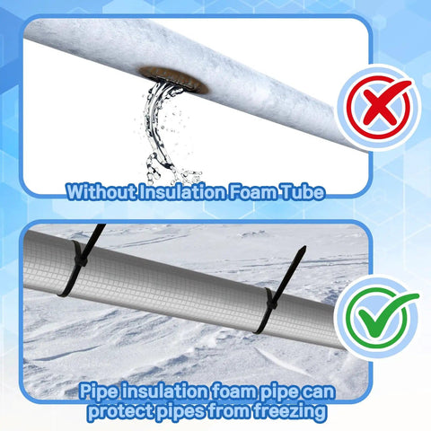 Pipe with water leak without insulation and secured pipe with 12 Pack Self Adhesive Pipe Insulation Foam Tubes With Aluminum Foil Joint Tape.