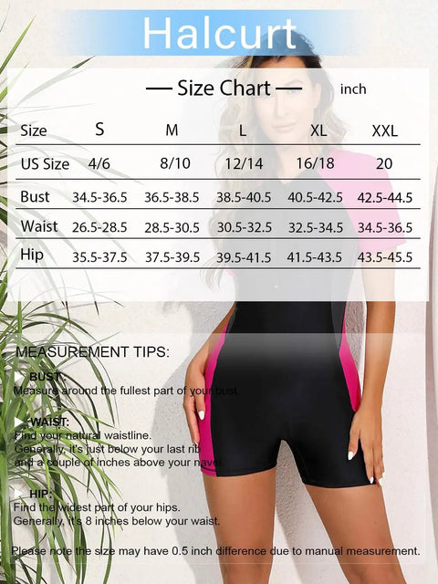 Size chart for Womens Boyleg One Piece Rash Guard With Built In Bra And Zip Front UPF 50 Plus Short Sleeve Surfing Swimsuit.