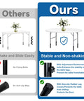 Comparison image showing heavy duty four pack folding table risers and adjustable height leg extenders preventing wobble.