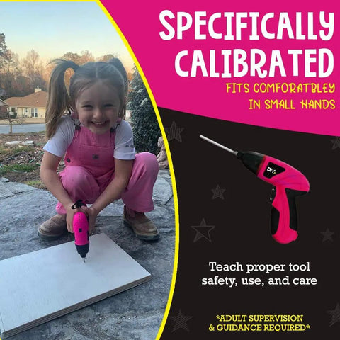 Girls Power Drill Set With Realistic Drilling Action 60 Piece Tool Kit Rechargeable Cordless Pink Drill With LED Light