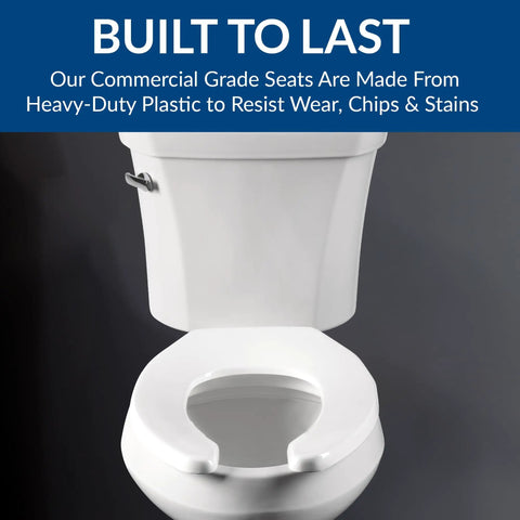 Heavy Duty Commercial Toilet Seat With Cover Elongated White Industrial Grade Stay-Tite Secure Install System Non Slip Stainless Steel Hardware Resists Rust Built To Last In Busy Restrooms, shown on toilet with text 'BUILT TO LAST' above.