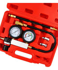 Cylinder leak-down tester kit with dual gauges, brass adapters, red carrying case.