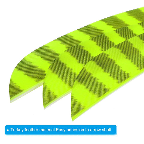 Close-up of Shield Cut Arrow Vanes 20 Pack 3 Inch Turkey Feather Fletch Right Wing Fletching Fluorescent Yellow