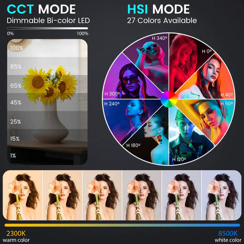 Color wheel and dimming options for Two Pack RGB Photography Lighting Kit With 50W Bi Color LED Pro Grade Studio Lights 2300K to 8500K