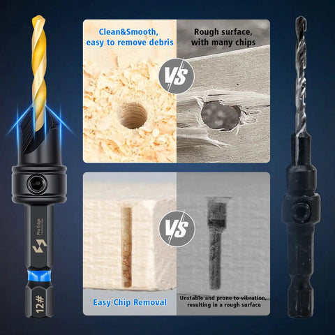 Comparison of clean wood hole with Countersink Drill Bit Set for Wood and rough hole, side by side with drill bits shown.