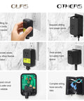 Comparison of black wall sockets showing differences in installation and design. Ours: Easy install, thin socket. Others: Requires drilling, thick socket.