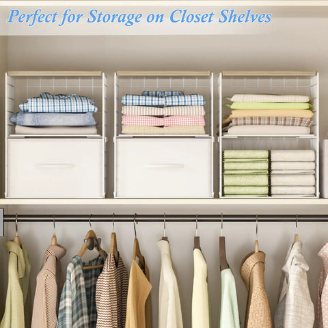 Two Pack Stackable Closet Storage Drawers With Wooden Top And Adjustable Dividers White Fabric Drawer Organizers Modular Storage Bins For Space Saving Bedroom Wardrobe And Apartment Organization installed in closet