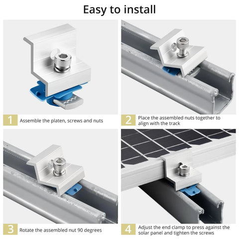Installation steps for Solar Panel End Clamp Pack Of 20 For Standard Unistrut 30mm 35mm Aluminum Silver With 304 Stainless Steel Screws