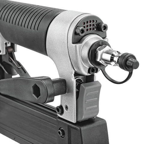 Close-up of a finish nailer from Dead Simple Six Gallon Pancake Air Compressor Bundled With Three Pro Nail Guns.