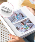 40 Pack Chicago Screws And Scrapbook Extension Posts Crafted From Hella Durable Solid Copper With Rust Proof Binding Hardware For Photo Albums shown mounted in scrapbook with baby photos.