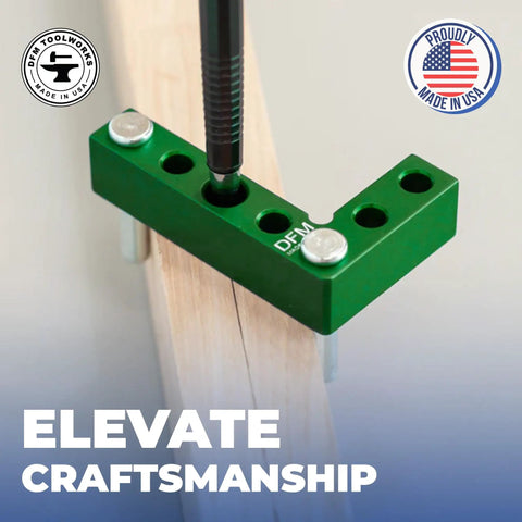 Green carpentry tool demonstrating centering function with a durable metal build, showcasing 'Made in USA' badge.